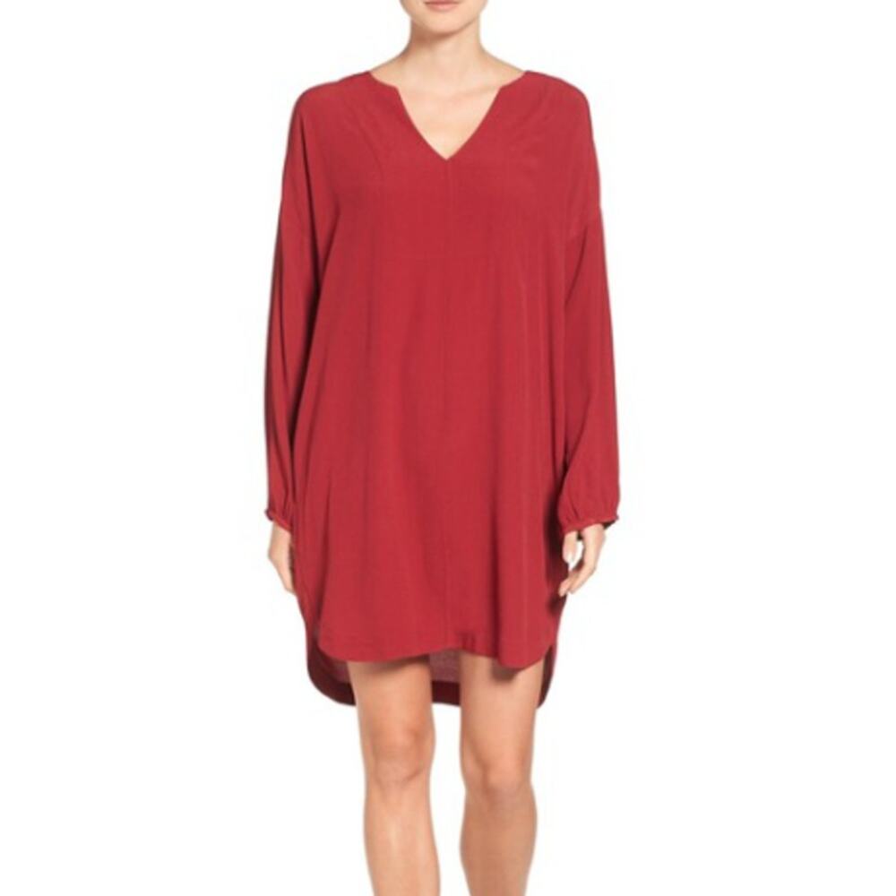 Madewell Du Jour V-Neck Tunic Dress Garnet Red LS Size Small Boho Relaxed Fit